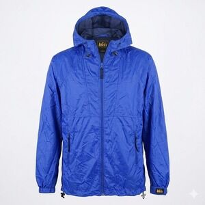 Vintage 90s REI Blue Nylon Windbreaker Jacket Mens XL Hooded Full Zip Outdoor